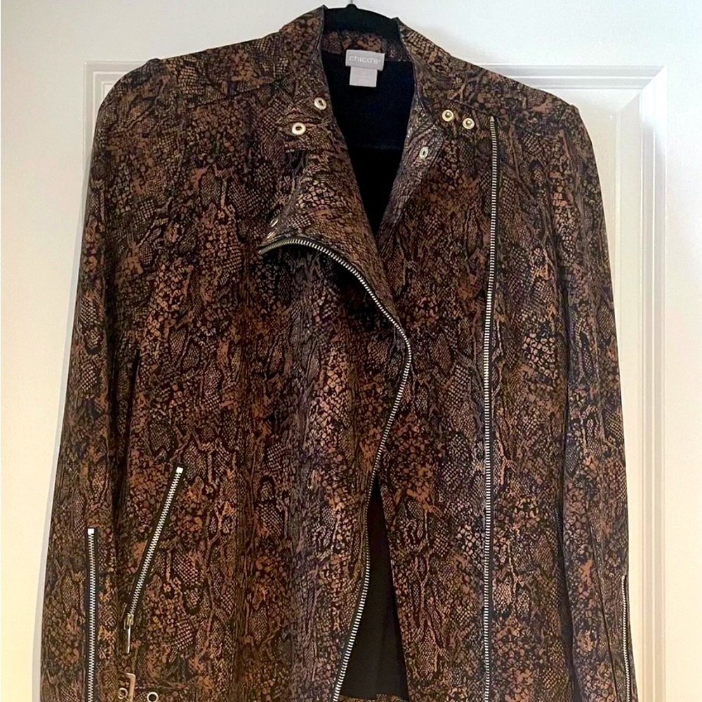 Chicos Zipper Accented Biked Inspired Python Print Jacket